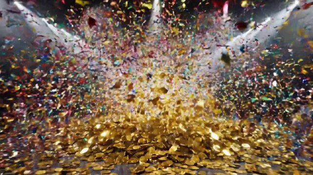 Colorful explosion of confetti fills a large hall during a celebration event held in the evening