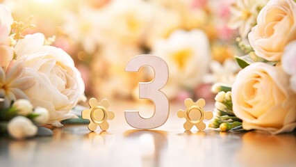 Elegant Number 3 With Pastel Flowers On Soft Bokeh Background, Spring And Anniversary Concept, Birthday And Celebration Design For Greeting Cards, Invitations, Branding, Marketing, And Social M
