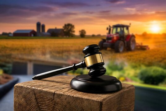Symbol of justice: a wooden gavel rests on a block in front of a rural farm scene with a tractor at sunset, representing agricultural law and land disputes.