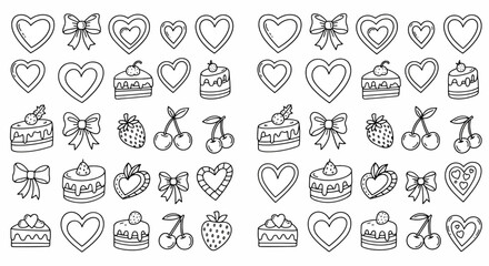Hand-drawn doodle icons of hearts cakes bows and fruits Keywords heart, bow, cake, strawberry