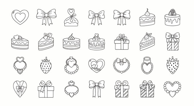 Hand Drawn Icons Of Gifts Hearts And Cakes present