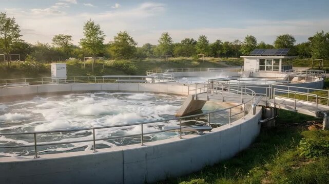 Medium shot of aerobic tanks in a sustainable wastewater treatment bay highlighting bubbling aeration and green surroundings for ecofriendly stillage and wash water management.