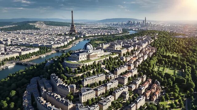 The scene depicts a panoramic view of Paris with the Eiffel Tower in the background. The city is surrounded by greenery and the River Seine flows through the urban landscape.