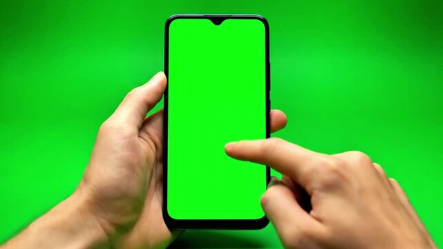 Close-up of Hands Touching and Swiping on a Smartphone's Green Screen, Chroma Key Interaction for Mobile Devices 4k, video