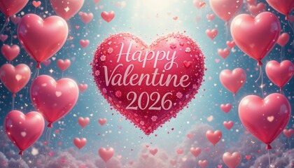 Pink heart balloons with Happy Valentine 2026 text