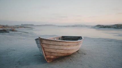 Obraz premium Small wooden boat on a sandy beach. the boat is empty and appears to be old and weathered, with peeling paint and rust visible on the hull.
