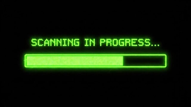 Computer screen displaying "SCANNING IN PROGRESS..." with a loading bar and retro green neon glow 4k, video