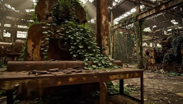 The Forgotten Foundry: A poignant scene unfolds within the skeletal remains of an abandoned industrial site, where nature reclaims its dominion over rusted machinery and decaying infrastructure.