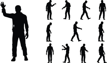 Black and white vector silhouette set featuring terrifying zombies in various walking poses and reaching stances for horror halloween and spooky thriller graphic design