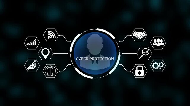 Cyber Protection, Cyber Security, Data Protection, Network Defense, Cloud Computing, Digital Transformation and Enterprise Technology Concept with Icons.