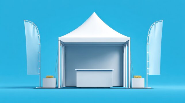 White blank event tent with a counter and two outdoor feather flags, advertising stand mockup for branding and promotion, pop up canopy exposition booth display