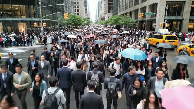 City workers cross busy street during rain with umbrellas in New York on a weekday