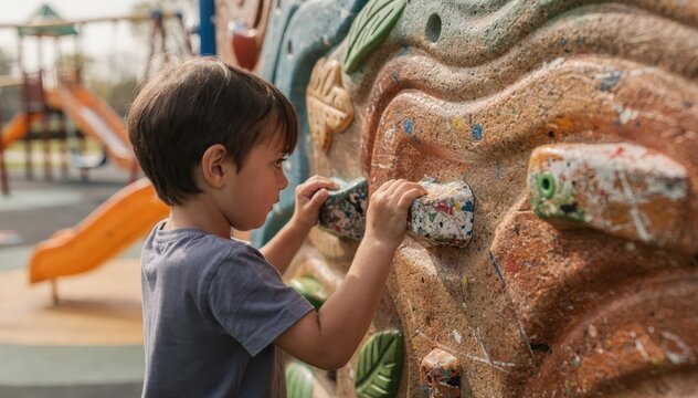 Close medium shot of a child gripping recycled plastic handholds on a colorful climbing wall styled after natural elements with the rest of the playground blurred.
