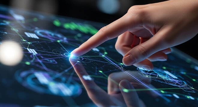 A person's finger interacting with a futuristic digital interface with glowing connections