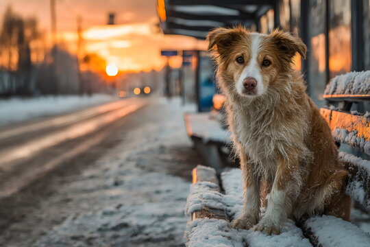 Dog sits on a snowy bench at a bus stop during sunset in a city