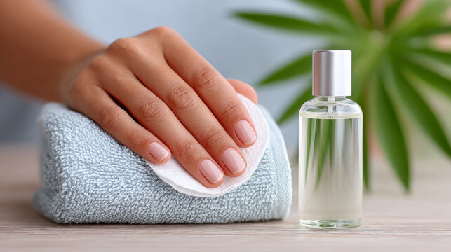 Manicure essentials with acetone nail polish remover and cotton pads for perfect nail care