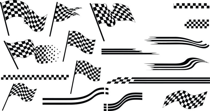 Checkered Flags Collection: A dynamic collection of black and white checkered flags, capturing motion and speed, perfect for illustrating racing concepts and themes.
