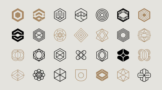 An array of twenty five geometric logos primarily hexagonal and diamond shaped rendered in muted brown and black tones high quality professional detailed modern elegant stylish