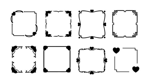 Collection of eight black square frames with decorative borders and corners