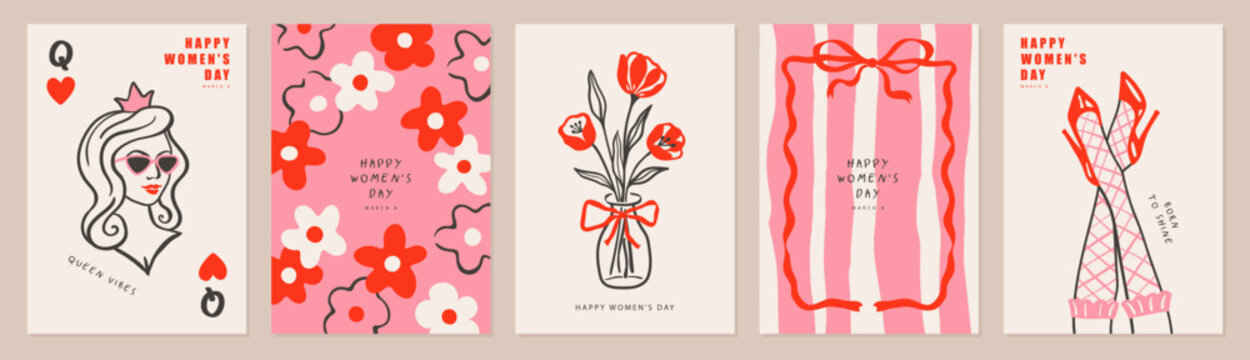 Set of greeting card designs in a hand-drawn sketch and line art style, featuring a playing card with a queen, flowers, and high-heeled shoes. Collection for International Women's Day, March 8th