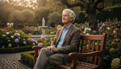 Fototapeta premium Serene Moment in the Garden: An elderly man sits on a wooden bench in a beautifully landscaped garden, surrounded by vibrant flowers and lush greenery, enjoying a moment of tranquility.