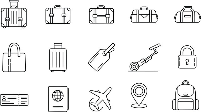 A set of minimalist travel and luggage icons in black and white outline style