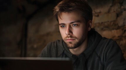 Fototapeta premium Young man engrossed in his laptop screen illuminated by its glow in a dark stone walled room