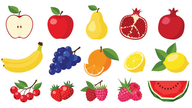 Large set of flat fruit illustrations including apple, pear, pomegranate, banana, grapes, orange, lemon, cherry, and watermelon slice.