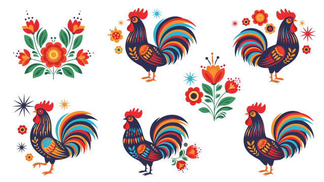 Vibrant set of six roosters and floral arrangements designed with traditional folk art motifs in rich colors like blue and red.
