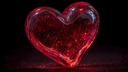 Glowing Glass Heart with Inner Sparkles on Black Background