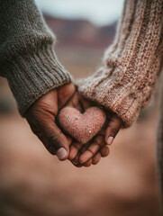 Hands Holding Small Fabric Heart in Warm Knitted Sweaters