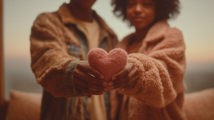Two People Holding a Soft Fabric Heart Together