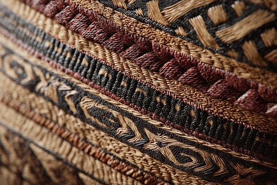 A close-up of traditional Ugandan "Barkcloth" fabric, intricately textured patterns, emphasizing ancient artisanal heritage and sustainable craftsmanship.