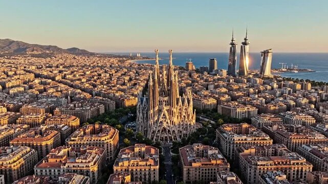 Aerial view of barcelona with sagrada familia and skyline