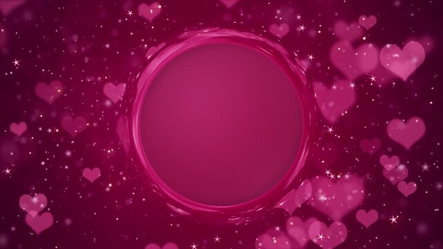 Cute pink love hearts, shiny stars and glittering particles on dark red gradient background. This romantic Valentine's Day background is full HD and a seamless loop with copy space for logo or text.