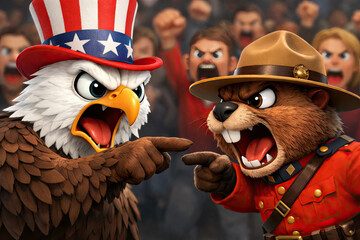 American Bald Eagle Fighting with Canadian Beaver.  Political Cartoon Anger Between Countries 