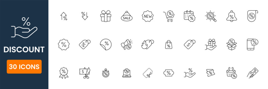 discount icons collection, sale promotion and special offer symbols, price reduction and shopping vector UI icon pack