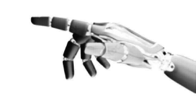 Robotic hand with pointing finger, abstract dot pattern illustration