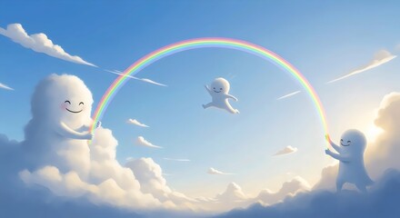 Giant cloud creatures playing rainbow jump rope in whimsical surreal artwork full of lighthearted silliness