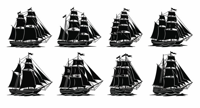 Set of Black Sailing Ship Silhouettes vector illustration