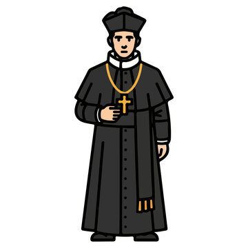Catholic priest in traditional black cassock and biretta with a golden cross necklace.