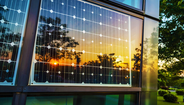 Close-up of high-tech transparent solar panels integrated into the sleek glass facade of the building, reflecting a bright sunset and lush green city park, hyper-realistic architectural photography.
