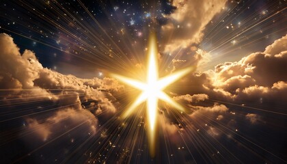 Golden Star Shining Brightly In Dark Cloudy Sky With Sparks