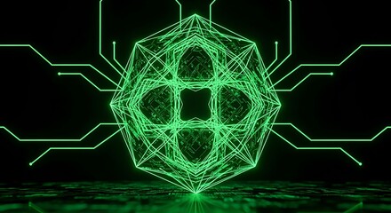 Complex neon green geometric shape with circuit board background