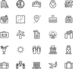 Travel agency line editable icon set. Containing traveling, tourism, booking, different tours, visa assistance, insurance,
