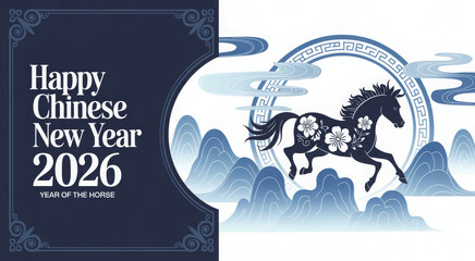 Obraz premium Happy chinese new year 2026, year of the horse, traditional blue and white illustration with a horse silhouette and chinese architectural elements, celebrating the upcoming lunar new year 