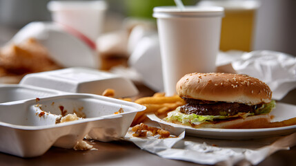 Fast food meal with hamburger, fries, and drinks in takeout containers on a table with crumpled wrappers at a fast food restaurant © ninakosh