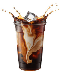 Fresh iced latte coffee pouring into plastic cup with splash and ice cubes in motion scene