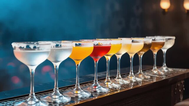Cocktail Glasses Row on Bar Counter