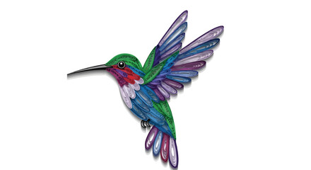 Fototapeta premium Colorful hummingbird in mid-flight with vibrant green, blue, and purple feathers against a plain white background.